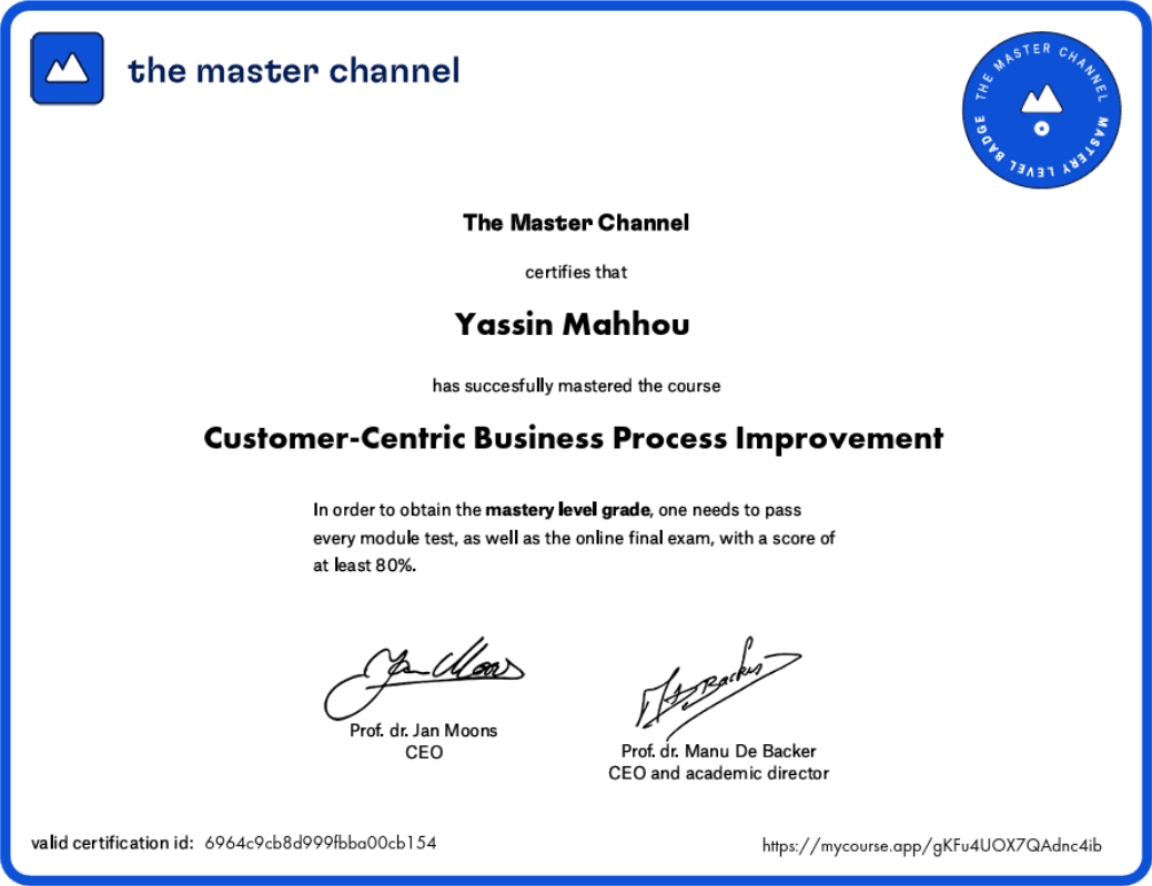 Certificaat Customer-Centric Business Process Improvement, behaald door Yassin Mahhou